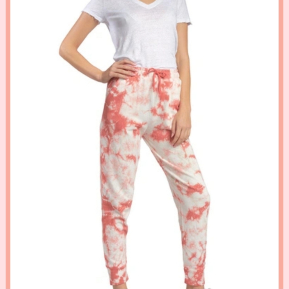 Elan Coral Pink White Tie Dye Drawstring Joggers Sweatpants Lounge Pants Med.